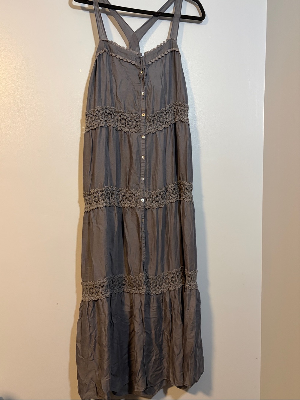Free People Intimately Gray Tiered Lace-Trim Maxi Nightgown M
